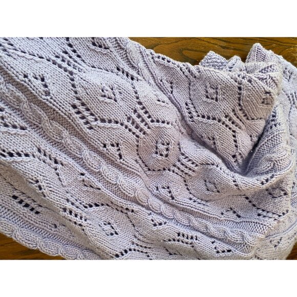 Handmade Knit Throw Blanket Light Purple 70"x80" With Diamond & Cable Pattern - Picture 5 of 6